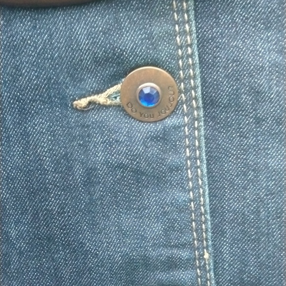 Joujou Womens Jean Jacket Blue Denim Double Breasted Collar Belted size Large - Picture 3 of 15